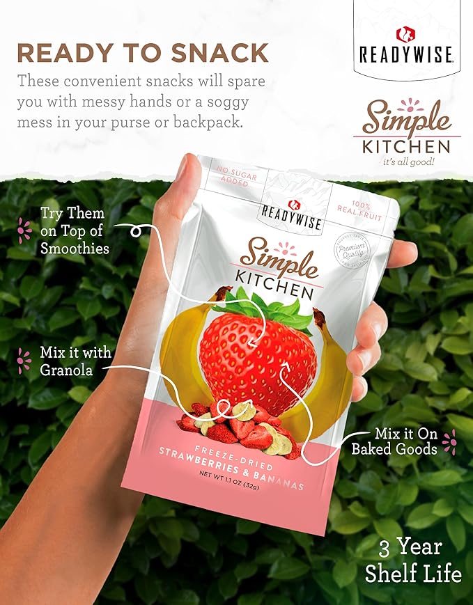 READYWISE - Simple Kitchen Freeze-Dried Strawberries &amp Bananas 24 Servings 6 Pack Vegetarian Gluten Free Snacks Strawberries Banana Dried Fruit Pre Workout Healthy Snacks Survival Food