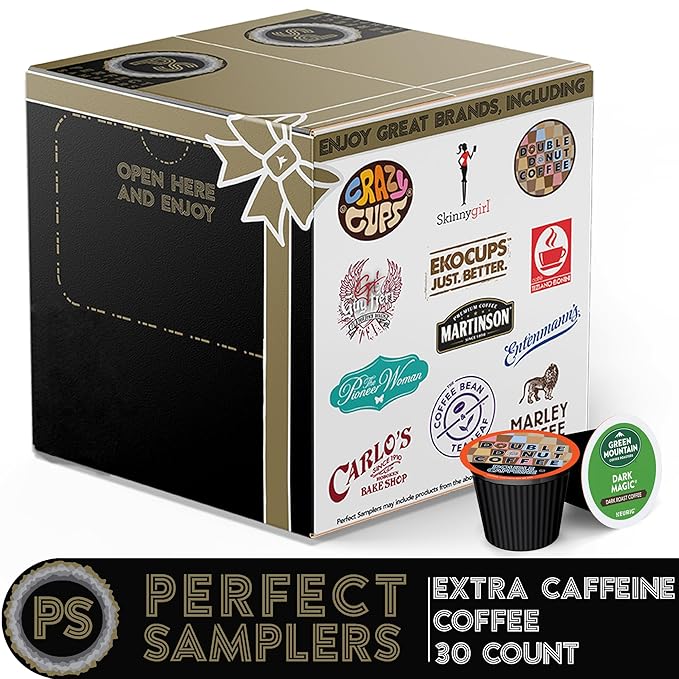 Perfect Samplers Extra Caffeine Extra Bold Coffee Single Serve Cups For Keurig K Cup Brewers 1.0 and 2.0 Variety Pack Sampler (30 Count)