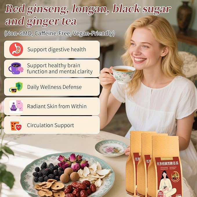 Baihuatang Brown Sugar Red Ginseng Ginger Tea 60 Bags (21oz) with Red GinsengLongan black sugar red dates goji berries rose flowers gingerCaffeine Free Warm Beverage