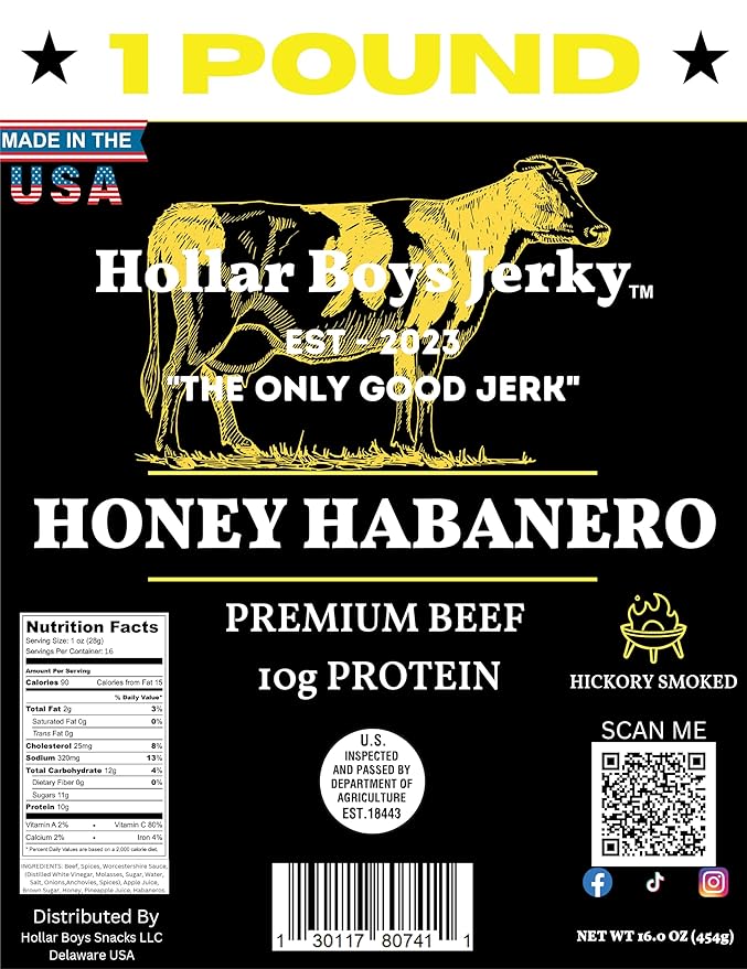 Hollar Boys Snacks Honey Habanero Beef Jerky One Pound Resealable Bag Low Carb USA Made