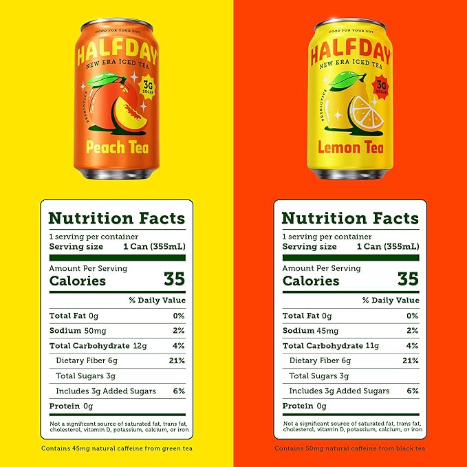 HALFDAY Prebiotic Iced Tea Peach &amp Lemon Variety Pack Supports Digestive &amp Gut Health 6g Plant Fiber &amp Prebiotics 3g of Sugar 35 Calories Real Brewed Tea Natural Caffeine 12 fl oz (