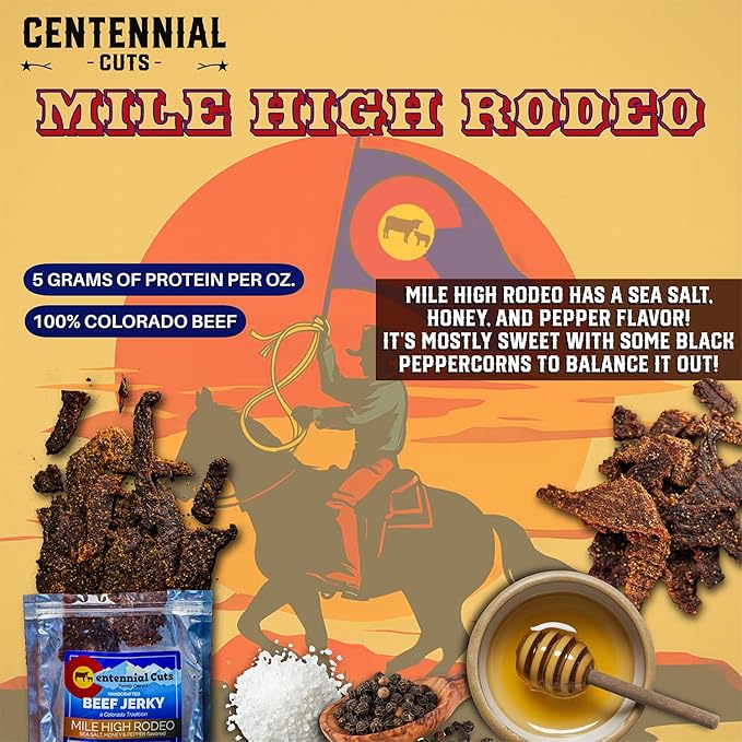 Centennial Cuts Beef Jerky – Mile High Rodeo – High Protein Sea Salt Honey &amp Pepper Flavor – 7 oz Snack
