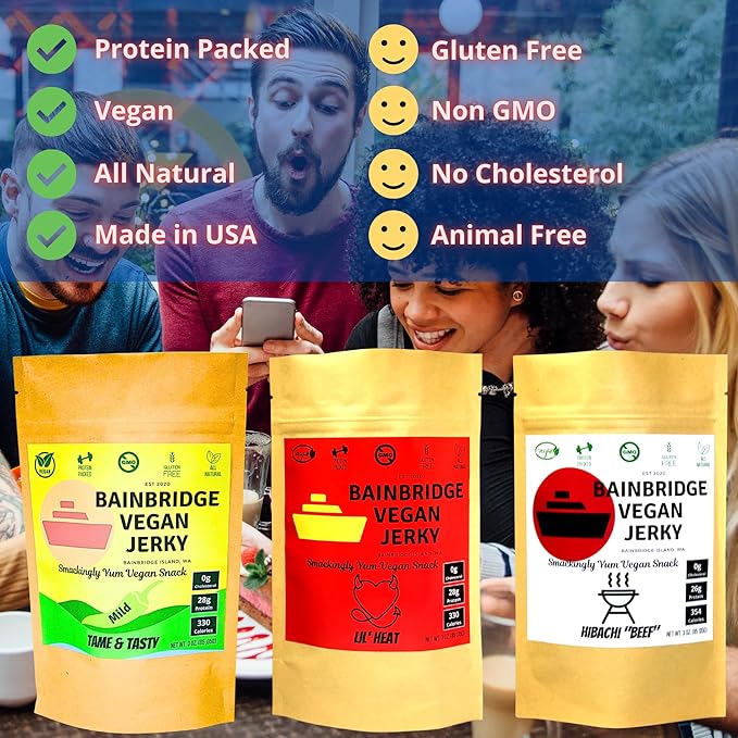 Bainbridge Vegan Jerky – Variety Pack: Tame &amp Tasty Lil' Heat Hibachi Beef Vegan Jerky Plant Based Snacks All Natural Non-GMO Gluten Free Vegan Meat/Vegetarian Jerky 3 oz (Pack of 3)