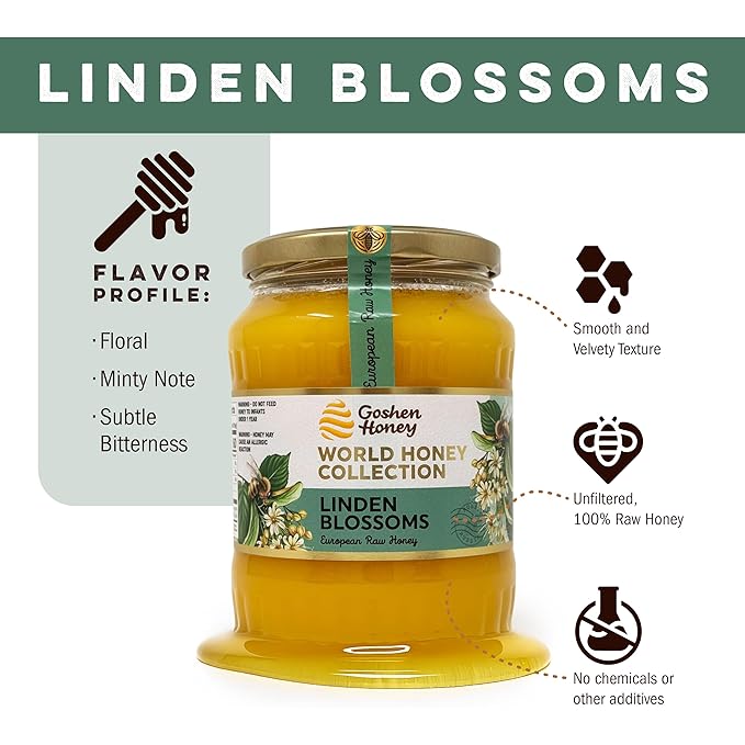 Goshen World Honey Collection - Linden Blossoms from Austria - Raw Rare and Sustainable Floral Sources - Derived from Natural Flower Nectar with Antioxidants - Nature's Sweetener - 32oz