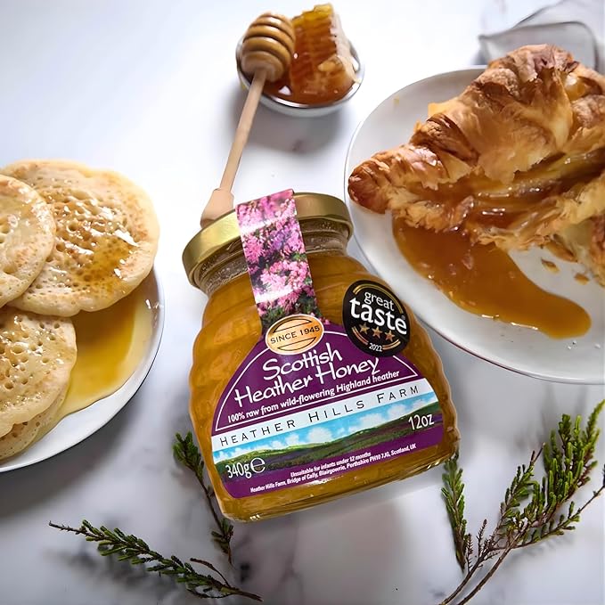 Heather Hills Farm Raw Scottish Heather Honey Jar 340g (12oz) - Highland Wild-flowering Purple Ling Heather Artisanal Pure Natural Honey Traditional British Food Gift &amp Spread Made in Scotland