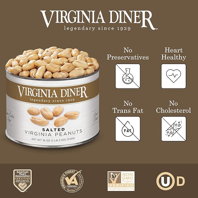 Virginia Diner Salted Virginia Peanuts - XL Gourmet Peanuts Non-GMO Preservative Free Gifts from Virginia Since 1929-18 Oz Can