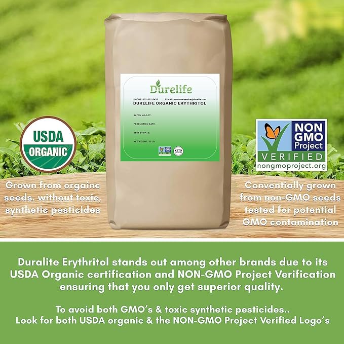 Durelife USDA organic erythritol sweetener non gmo verified Keto certified No After Taste Kosher Zero Calorie Plant-Based Sugar Alternative 55 LB Bulk Bag 880 oz