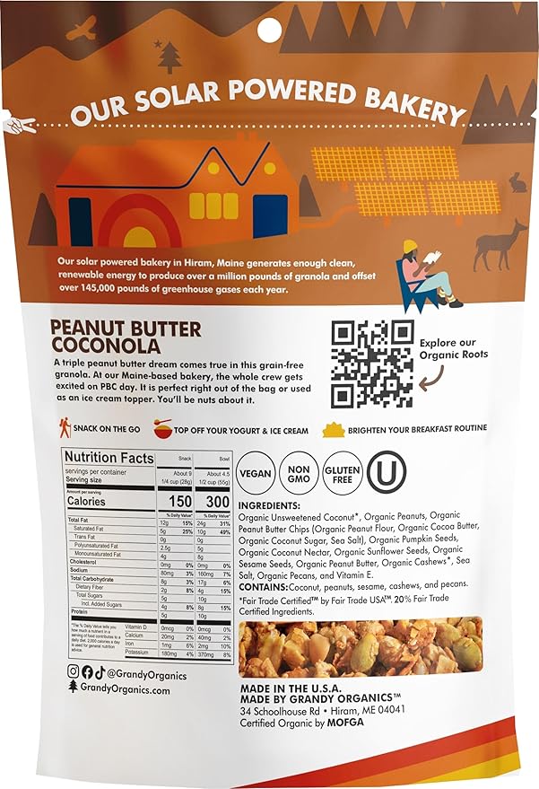 Grandy Organics Peanut Butter Coconola Granola Certified Organic Gluten Free Grain Free Peanut Butter Granola 9oz Each Pack of 3
