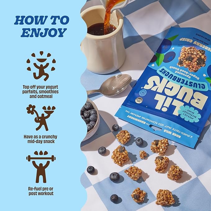 Clusterbucks Superfood Clusters – Grain-Free Keto-Friendly Granola with Regeneratively Grown Sprouted Buckwheat– Gluten-Free Low-Carb Organic Healthy Snack (6 Ounce (Pack of 3) Blueberry Crisp)