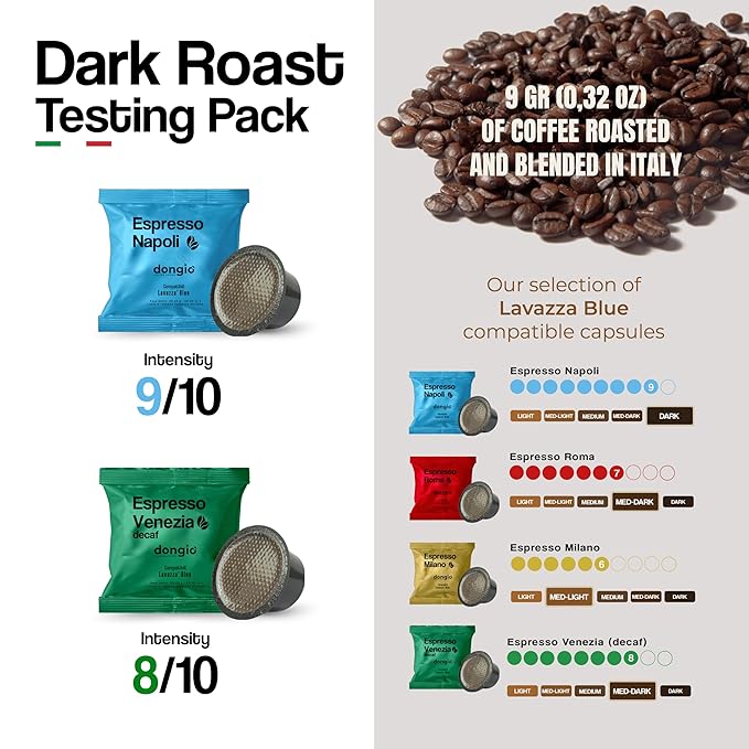 Dongiò Caffè Dark Roast Variety Pack - 80 Capsules Compatible with Lavazza Blue/Black Systems – Napoli &amp Venezia – Roasted and Blended in Italy