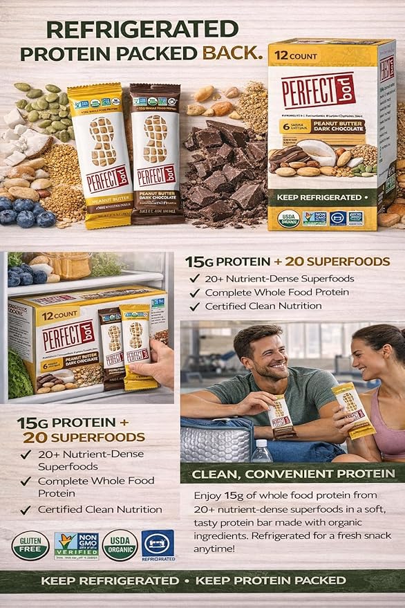 Perfect Bar Organic Protein Bars Variety Pack 12 Count | 15g Protein 20 Superfoods | Gluten Free Non-GMO Kosher | Healthy Refrigerated Snack Bars | Peanut Butter Dark Chocolate