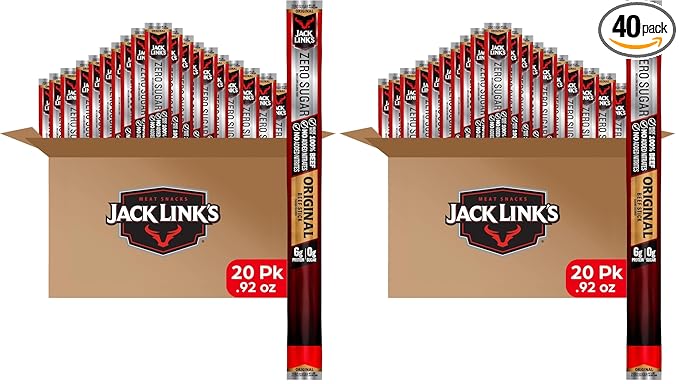 Jack Link's Original Zero Sugar Beef Sticks - 0.92 oz Meat Sticks - Ready to Eat Protein Snacks - 5g Protein per Serving - Made with 100% Real Beef(Pack of 40)