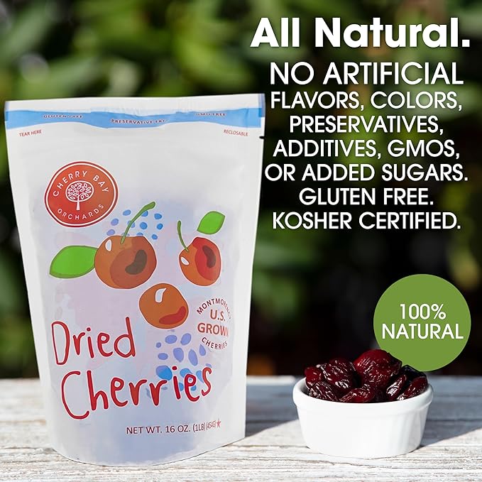 Cherry Bay Orchards - Dried Montmorency Tart Cherries - 16 oz Bag 100% Domestic Natural Kosher Certified Gluten-Free and GMO Free - Packed in a Resealable Pouch