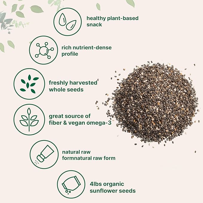 Organic Chia Seeds 4lbs | Raw Chia Seed Source | Rich in Essential Fiber Vegan Omega-3 &amp Plant Based Protein | Great for Baking Smoothies Pudding &amp Oatmeal | Non-GMO Gluten Free