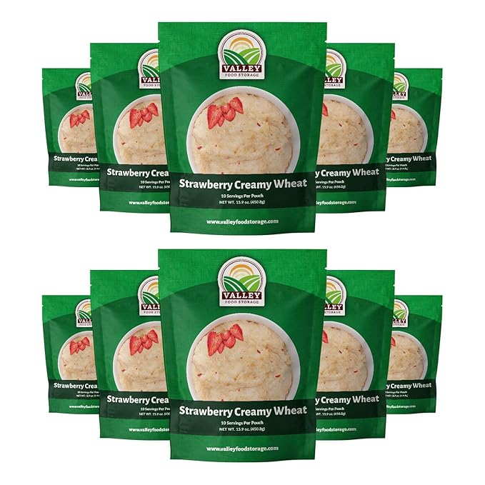 Valley Food Storage Freeze Dried Strawberry Creamy Wheat | 10-Bag Bucket 100 Servings | Premium Emergency Food Supply 25 Year Shelf Life | Survival Breakfast Food for Prepper Storage &amp Camping