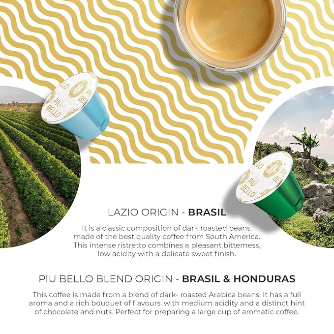 Piu Bello Espresso Coffee Pods for Nespresso Original Machines – Variety Pack – Light Roast Dark Roast Chocolate Nuts Caramel – Rich &amp Balanced Taste Kosher (6-Flavor Multipack 60 Count)