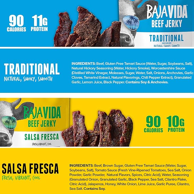 BAJA BEEF Jerky Snack Packs - Beef Jerky Variety Pack Beef Jerky Gifts for Men Beef Jerky Sampler High Protein Craft Jerky Assortment Gluten Free - Traditional &amp Salsa Fresca 2.5 Oz Bags (4 P