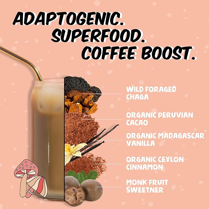 Renude Chagaccino - Chaga Mushroom Powder Mushroom Coffee Drink Mix with Adaptogens Natural Energy and Immune Support Vegan Keto Zero Calorie Mushroom Blend Powder - 30 Servings