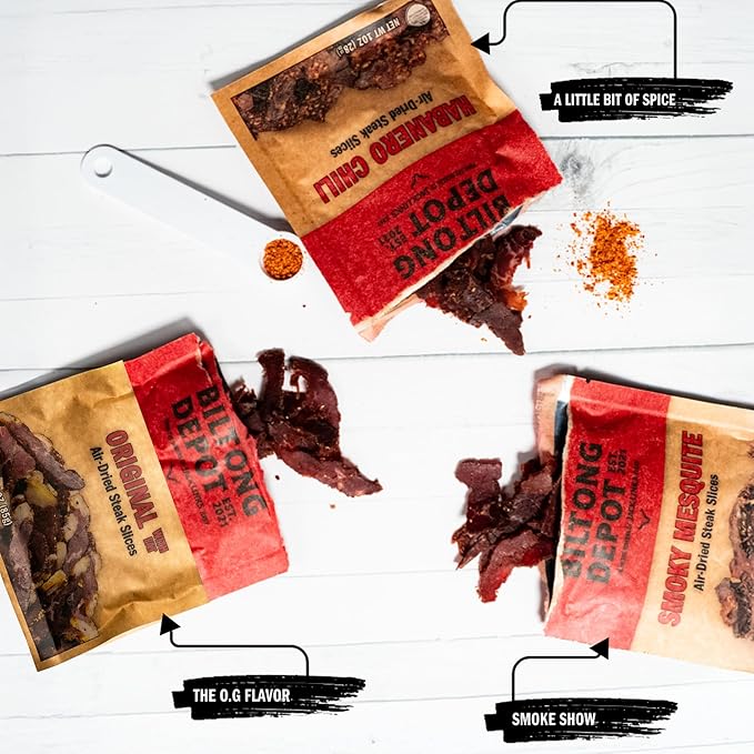 Biltong Depot Variety Pack – Smoky Mesquite Habanero Chili &amp Original with Fat | Biltong Slices | 3oz Bags (3 Pack) | Air-Dried Beef Jerky Snack | High Protein | Keto &amp Paleo Friendly | Zero