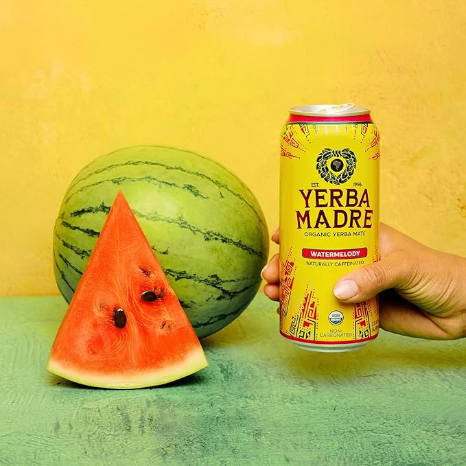 Yerba Madre Organic Yerba Mate Energy Drink Alternative Watermelody 150mg Plant Based Caffeine Smooth Energy &amp Focus No Jitters or Crash 15.5 Oz Cans (Pack of 12)