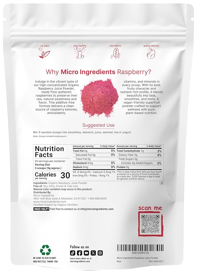 Organic Raspberry Juice powder 8oz | 100% Natural Fruit Powder | Freeze-Dried Raspberries Source | No Sugar &amp Additives | Great Flavor for Drinks Smoothie &amp Beverages | Non-GMO &amp Vegan