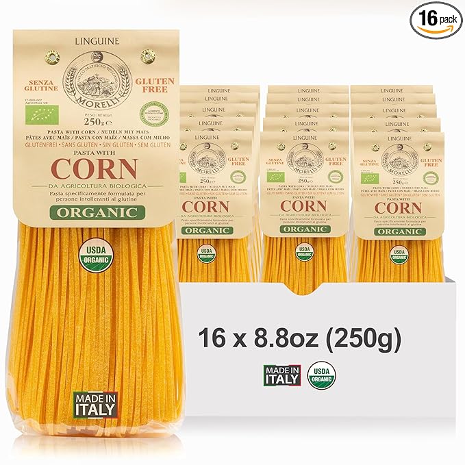 Morelli Organic Gluten Free Linguine Pasta Made With Corn - Vegan Corn Noodles Imported Organic Pasta from Italy Italian Gourmet Food - 8.8 oz - Pack of 16