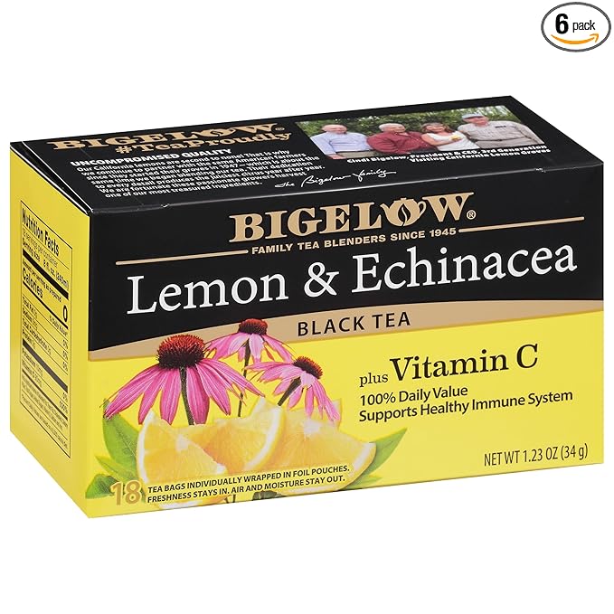 Bigelow Tea Lemon &amp Echinacea Plus Vitamin C Black Tea Caffeinated Tea with Lemon and Echinacea 18 Count Box (Pack of 6) 108 Total Tea Bags