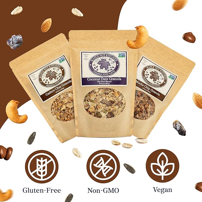 Maple Nut Kitchen Artisanal Variety Pack Granola Bites - Cashew Chai Mocha Chip and Coconut Date | 10 oz Each | Gluten-Free Vegan Delicious Breakfast Treats | 3-Pack