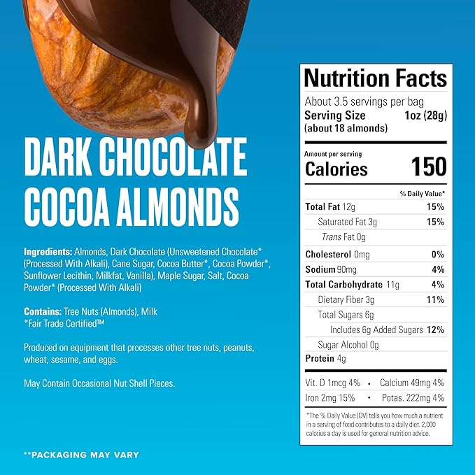 SkinnyDipped Dark Chocolate Cocoa Almonds Healthy Snack Plant Protein Gluten Free 3.5 oz Resealable Bags (Pack of 5)