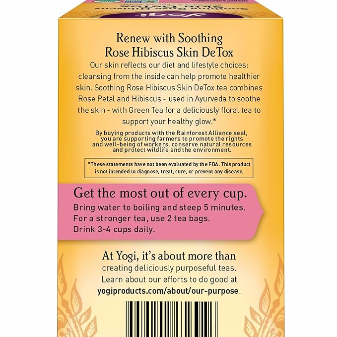 Yogi Tea Soothing Rose Hibiscus Skin DeTox Tea - 16 Tea Bags per Pack (6 Packs) - Organic DeTox Tea to Support Skin Health - Includes Green Tea Leaf Rose Petal Honeybush Leaf Hibiscus &amp More
