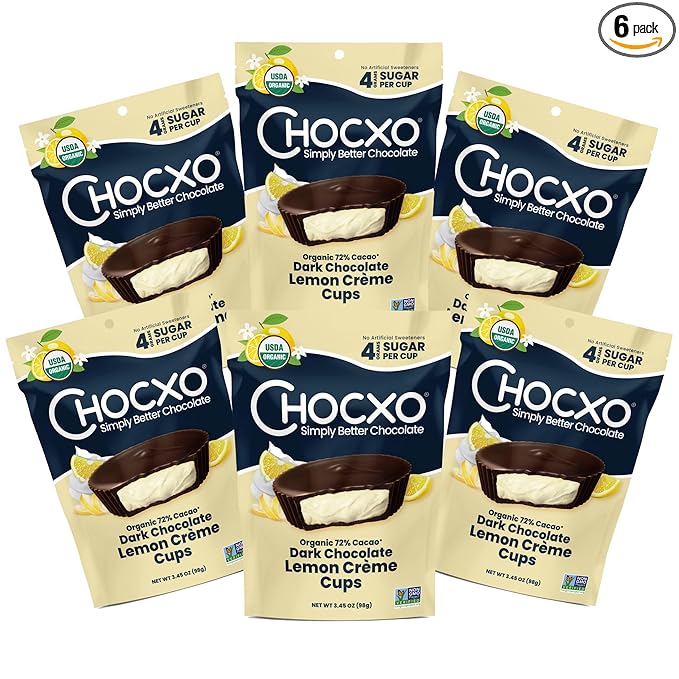 Chocxo Dark Chocolate Lemon Crème Cups - Lower Sugar Organic 72% Cacao NonGMO Keto Gluten Free Kosher No Artificial Sweeteners/Sugar Alcohols 3.45 oz (Pack of 6)