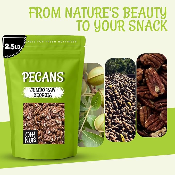 Oh! Nuts Pecans Halves &amp Wholes - Raw - 100% Natural - 2 lb - Raw Georgia Pecans - Packed in New York Zip-Seal Bag for Exceptional Freshness