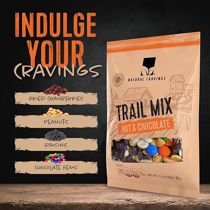 Natural Cravings Trail Mix Snack Packs - Individual 3.5 oz Bags - Nuts &amp Chocolate Dried Fruit Mix &amp Nuts Mix with Peanuts Dried Cranberries Raisins Chocolate Gems - Trail Mix Individual Pa