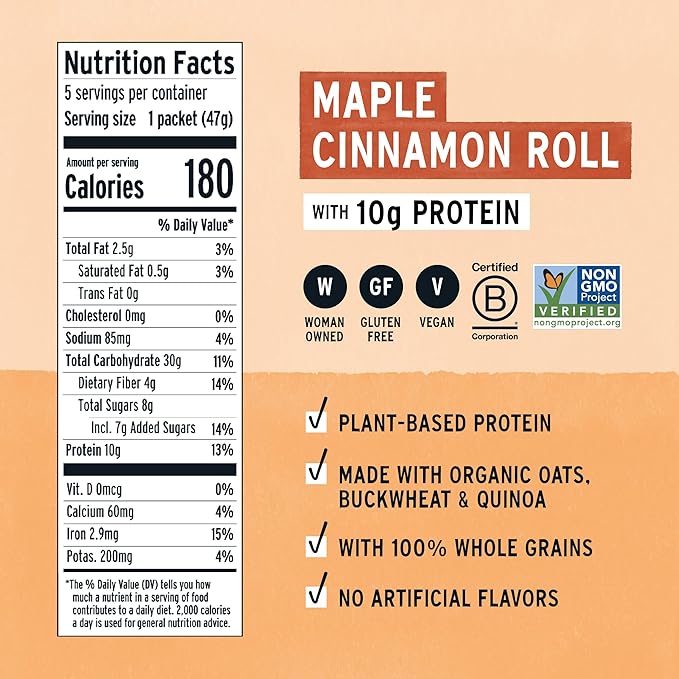 Purely Elizabeth Creamy &amp Hearty Protein Instant Oatmeal Maple Cinnamon Roll Vegan Friendly Organic Gluten Free &amp Non-GMO 5 Count 8.3 Ounce (Pack of 6)