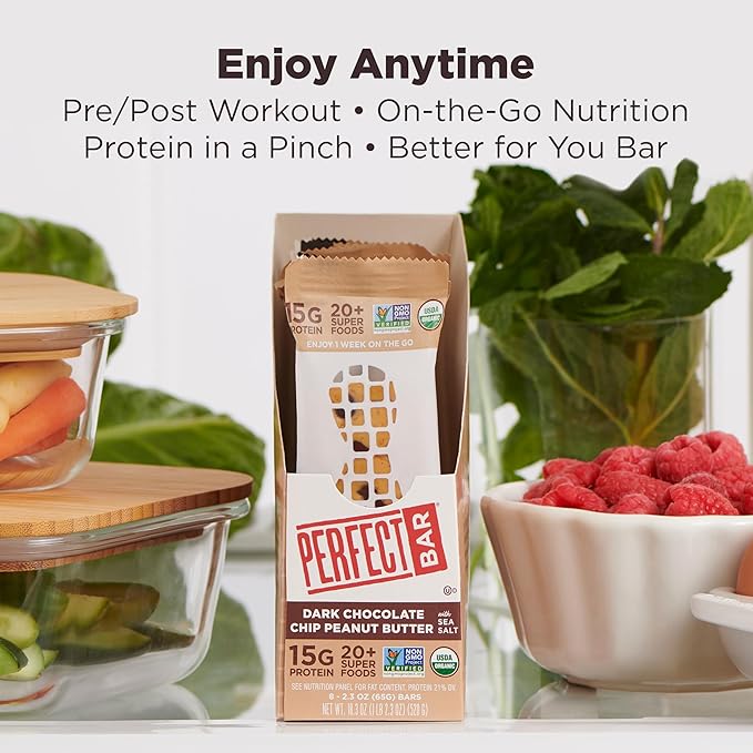 Perfect Bar Protein Bars Dark Chocolate Chip Peanut Butter Gluten Free Made with Organic Honey Cookie Dough Texture Refrigerated 2.3 Oz Bars 10 Count