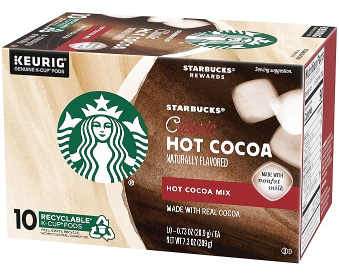 Starbucks Classic Hot Cocoa K-Cup Pods Made with Real Cocoa &amp Nonfat Milk K-Cup Pods for Keurig Brewing System 10 CT K-Cups Per Box (10 Count (Pack of 2))