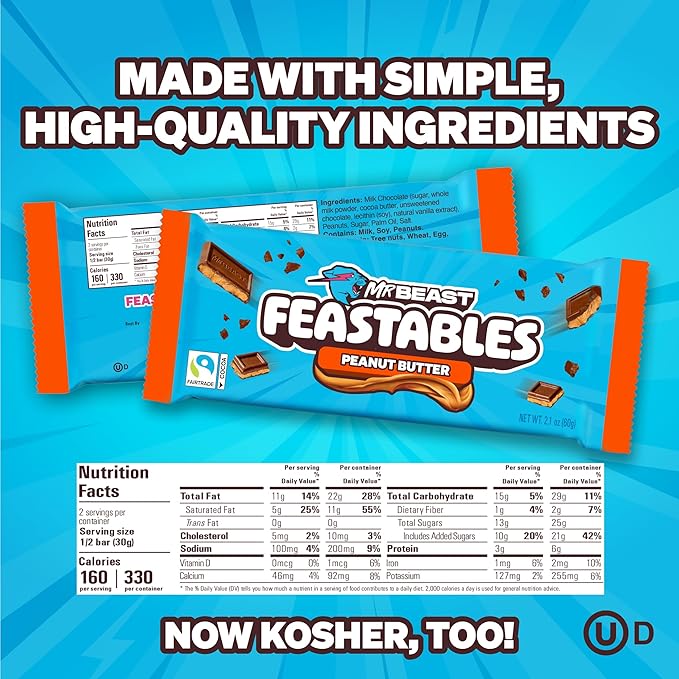 MrBeast Feastables Peanut Butter Milk Chocolate Bar King Size 10 Count Creamy Peanut Butter Chocolate Candy Fairtrade Cocoa 2.1oz Each