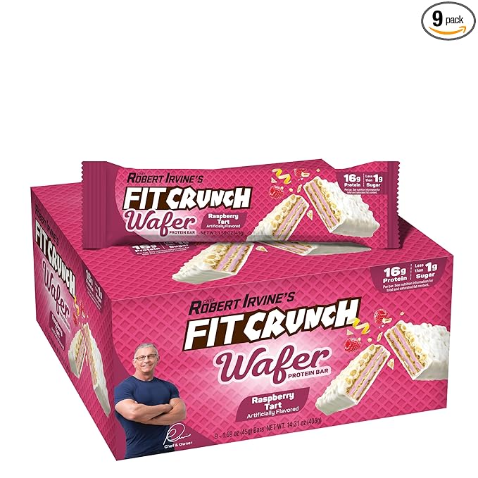 FITCRUNCH Wafer Protein Bars Designed by Robert Irvine 16g of Protein &amp 1g of Sugar (9 Bars Raspberry Tart)