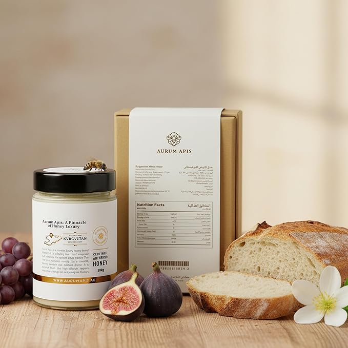 Aurum Apis Raw Kyrgyzstani White Honey 100% Raw &amp Unfiltered Pure Honey Hand Harvested Organic Honey Non-GMO Unprocessed Thick Honey with Creamy Texture Delicate Flavor &amp Aroma – 500g Hon