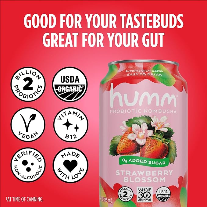 Humm Whole30 Approved Kombucha Strawberry Blossom Organic Vegan &amp GMO Free (12 Pack)