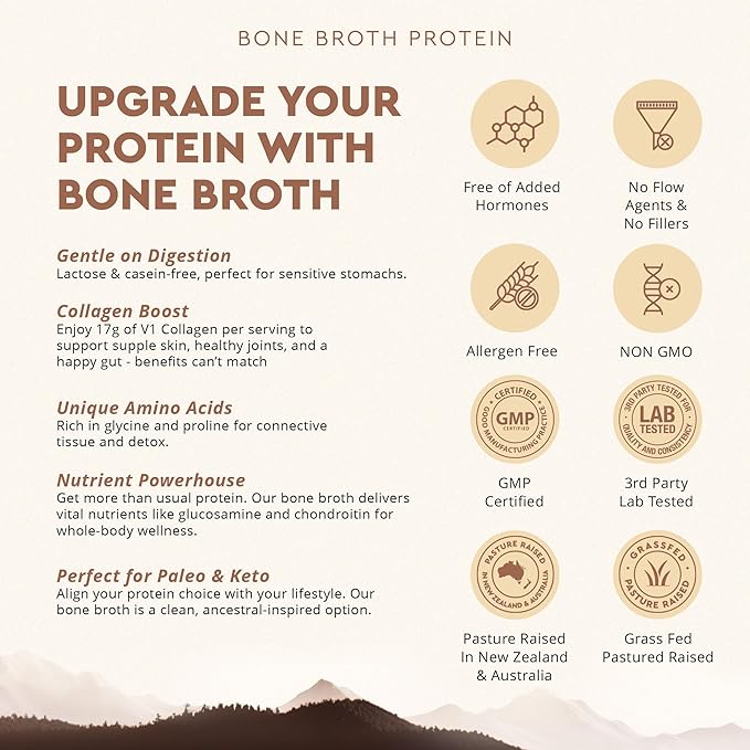 Ancestral Supplements Grass Fed Protein Powder Chocolate Beef Bone Broth Based w/Beef Organs &amp Organic Mushrooms Gut Health Support High Protein Supplement 20g Protein Per Serving 30 Day Sup