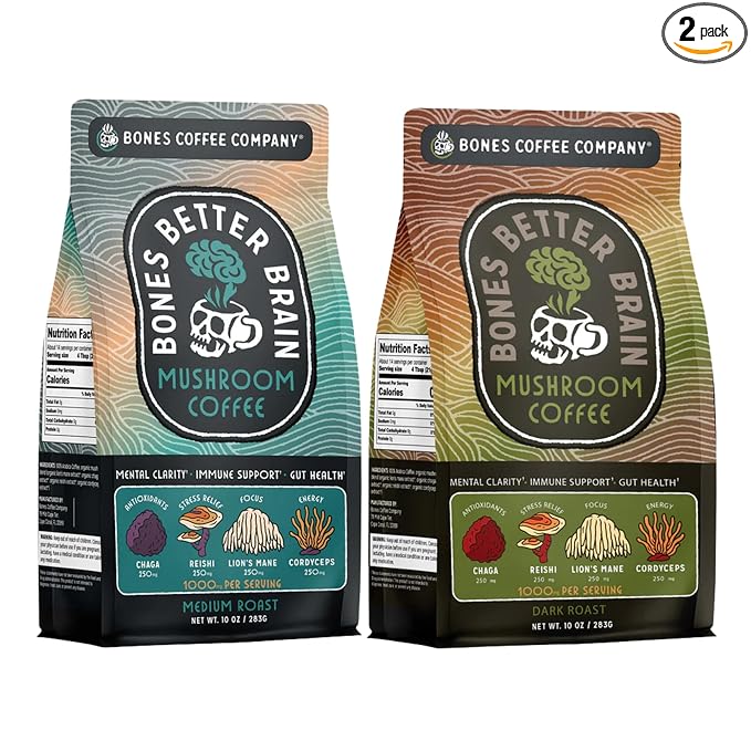 Bones Coffee Company Better Brain Mushroom Coffee Medium Roast &amp Dark Roast – Functional Coffee with Lion’s Mane &amp Chaga | Focus Energy &amp Clarity | Ground Coffee 2-Pack Virtual Bundle