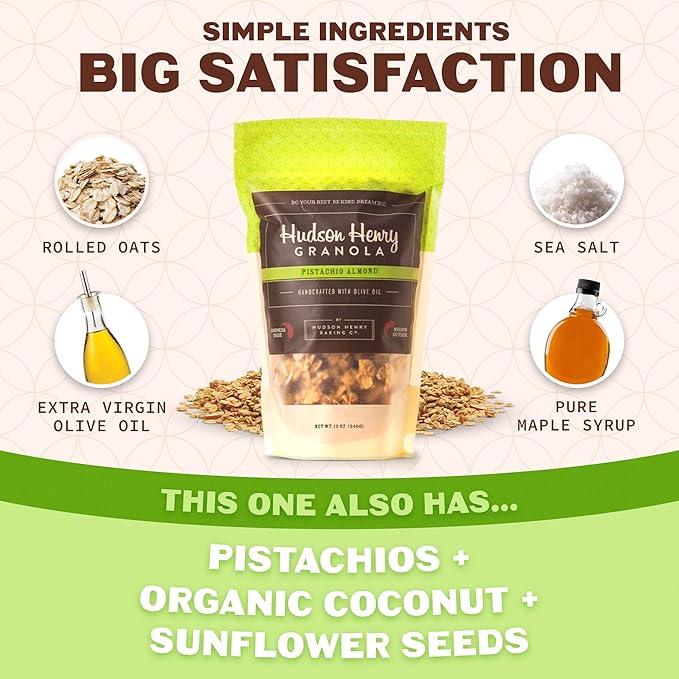 Hudson Henry Pistachio Almond Granola for Yogurt Snacking &amp Cereal | Gluten Free with Nuts and Seeds | Cashew Granola Non-GMO Small Batch Baked | 3 x 12 oz Bags