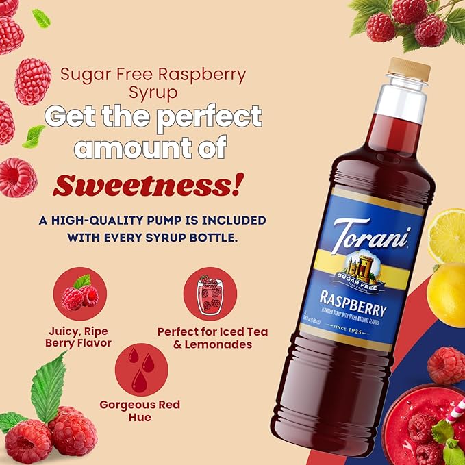 Torani Sugar Free Raspberry Syrup 1 Liter Bottle with Pump Dispenser – Zero Sugar Zero Calories Keto Friendly Gluten Free Sweet &amp Tart Raspberry Flavor for Coffee Lemonade Cocktails &amp Mor