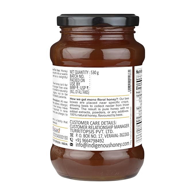 INDIGENOUS HONEY Jamun Honey Raw Organic Natural Pure Unprocessed NMR Tested Unpasteurized Unheated 530g Glass Jar Pack of 1
