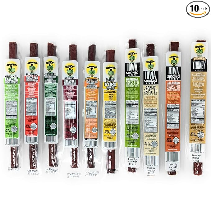 10 Flavor Variety Meat Sticks. No Added Nitrates Gluten Soy MSG Dairy Nuts. 8 Grass-Fed Beef Flavors 1 Free-Range Turkey Flavor &amp 1 Natural Pork Flavor (1 of Each 10-cnt 1-oz Stick)