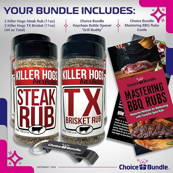 Killer Hogs Steak Rub &amp TX Texas Brisket Rub Premium BBQ Barbecue &amp Seasoning 4 pk Variety Choice Bundle (44 oz) + BBQ Guide &amp Keychain Bottle Opener (6 Items)!