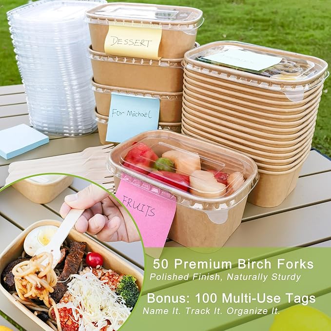 MINCOCO 50 Count Paper Bowls Disposable Meal Prep Containers with Lids【Includes 50 Wooden Forks + 100 Labels】 Salad Food Containers Freezer &amp Microwave Safe Leakproof Soup Bowls (19 Ounce 50-Coun