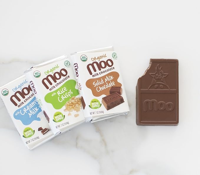 Moo Chocolates Organic Solid Milk Chocolate Mini Bars 0.7oz 28 ct (Pack of 2) | USDA Organic Non-GMO | 110 Calorie Snacks for On-the-Go Lunchboxes Office