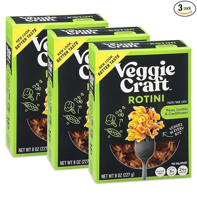 Veggiecraft Farms Rotini Pasta - NEW IMPROVED RECIPE - Protein Pasta Lentil Pasta w/Cauliflower &amp Peas High Protein Noodles Low-Carb Non-GMO Vegan Gluten Free - 8 oz (8 Ounce (Pack of 3)